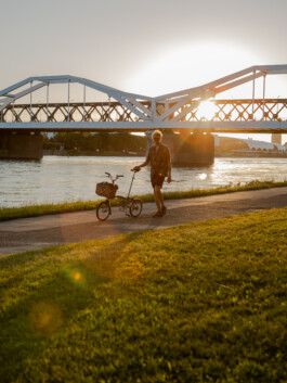 Cyclist with Brompton riding under a bridge at sunset 