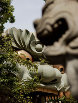 Traditional Japanese roof ornament with dragon sculpture in Namba Yasaka-Shrine 